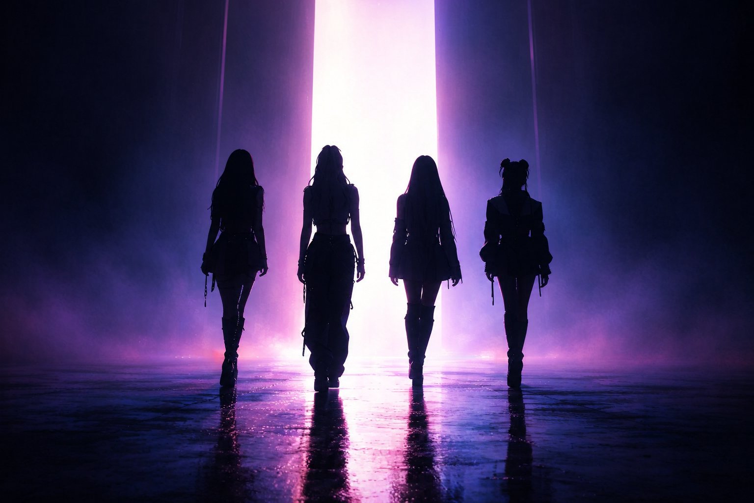 Silhuetas das quatro integrantes do ANM GIRLGROUP caminhando em direção a uma luz roxa
